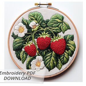 Strawberry Embroidery Wall Art in Wooden Hoop. Handmade Botanical Fruit Design. Summer Kitchen or Garden Lover Gift Decor, Strawberries