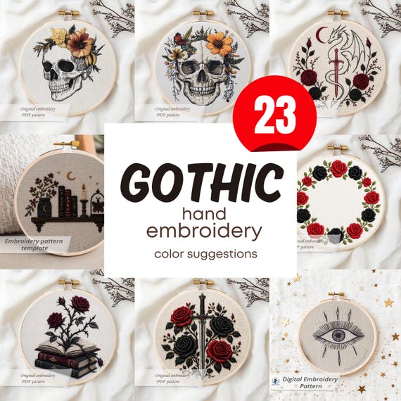 Goth Hand Embroidery Pattern Bundle, Skull Raven Rose Occult Designs, Dark Academia DIY Hoop Art, PDF Digital Download Set