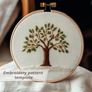Puede incluir: Un bastidor de bordado redondo con un diseño de árbol cosido a mano. El árbol tiene un tronco y ramas marrones con hojas verdes. El bordado está sobre una tela color crema, y el bastidor es de madera. El texto "Embroidery pattern template" es visible.
