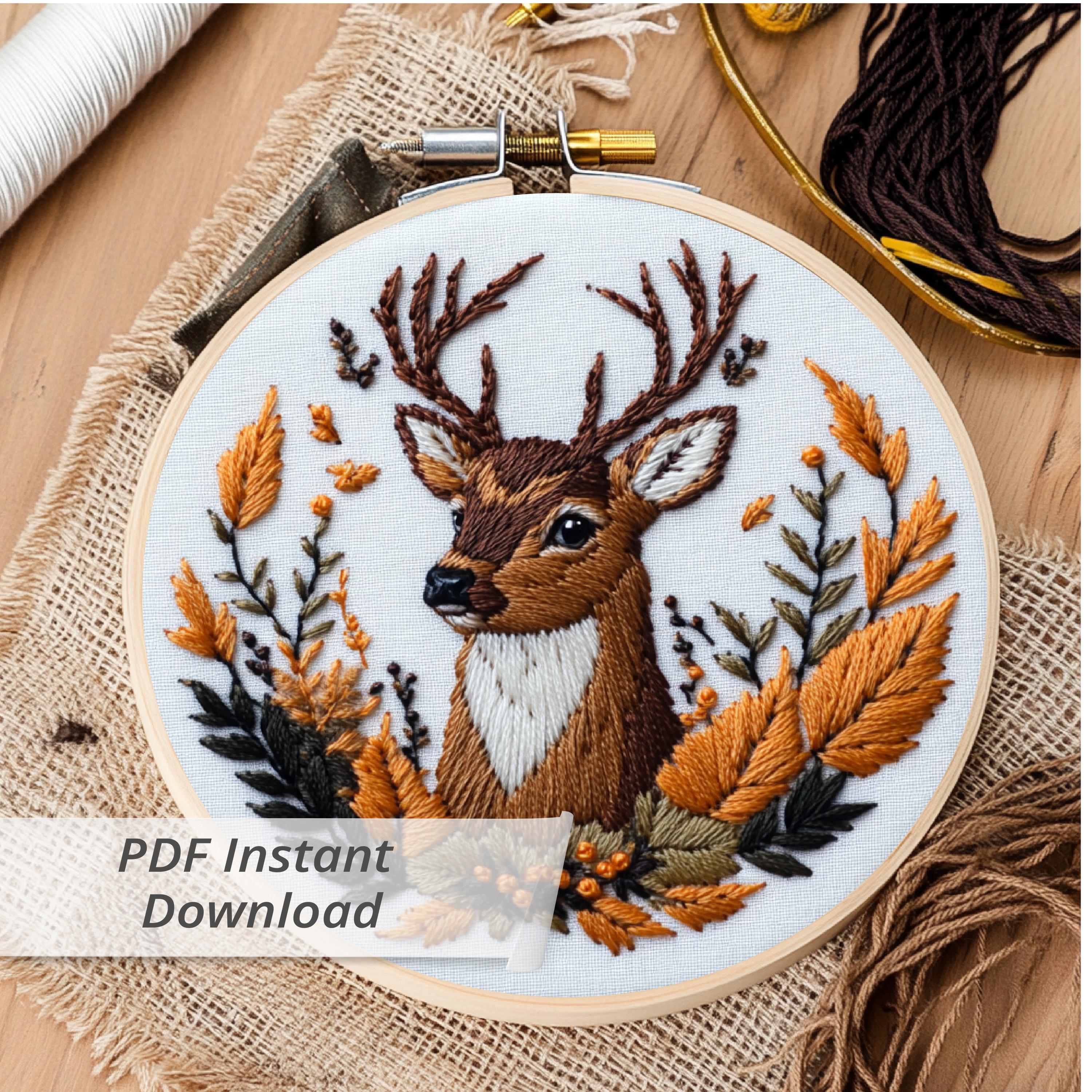 鹿の刺繍パターン：秋の森の雄鹿のフープアート（PDFダウンロード、6