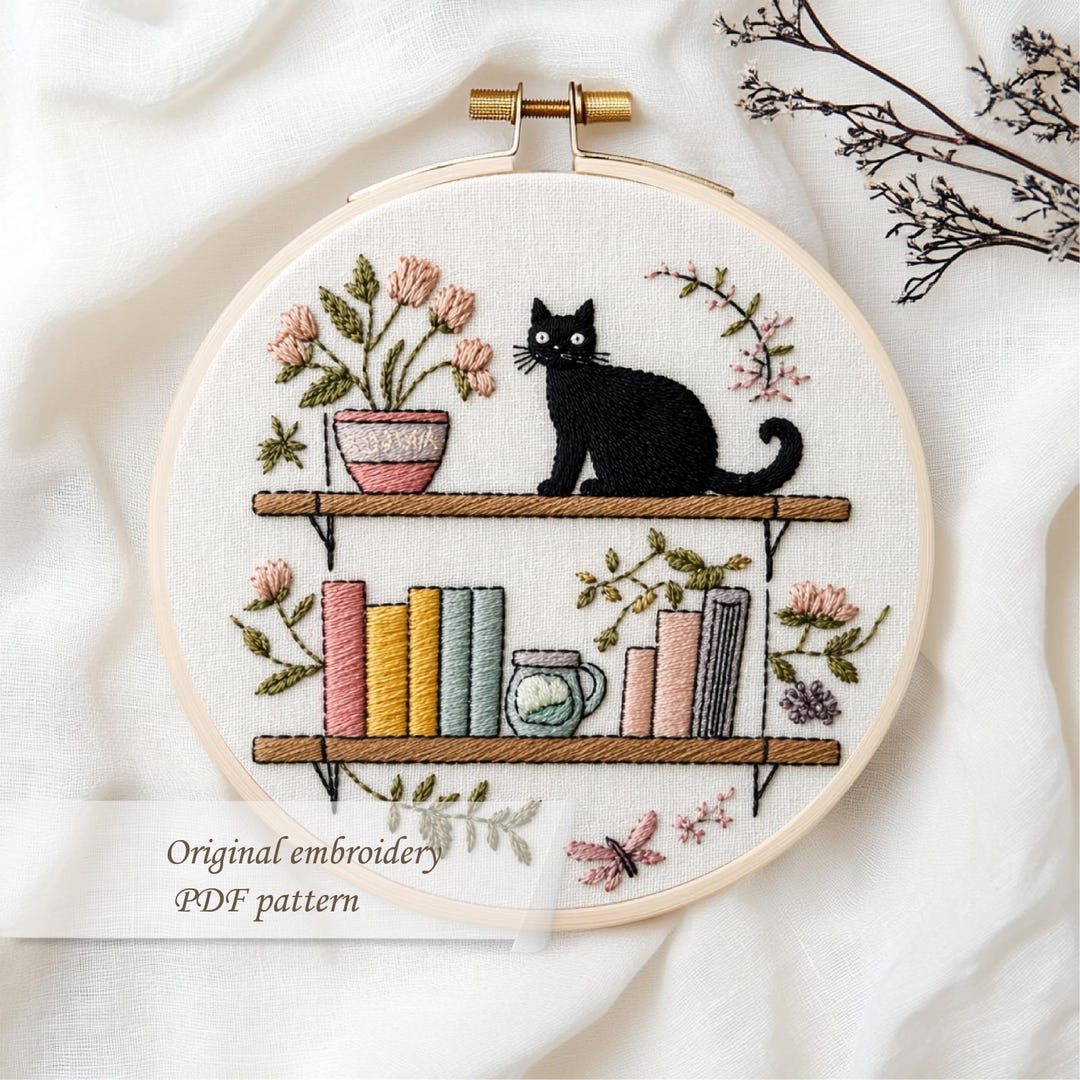 Black Cat Shelf Embroidery Pattern – Cozy Bookshelf Hoop Design With ...