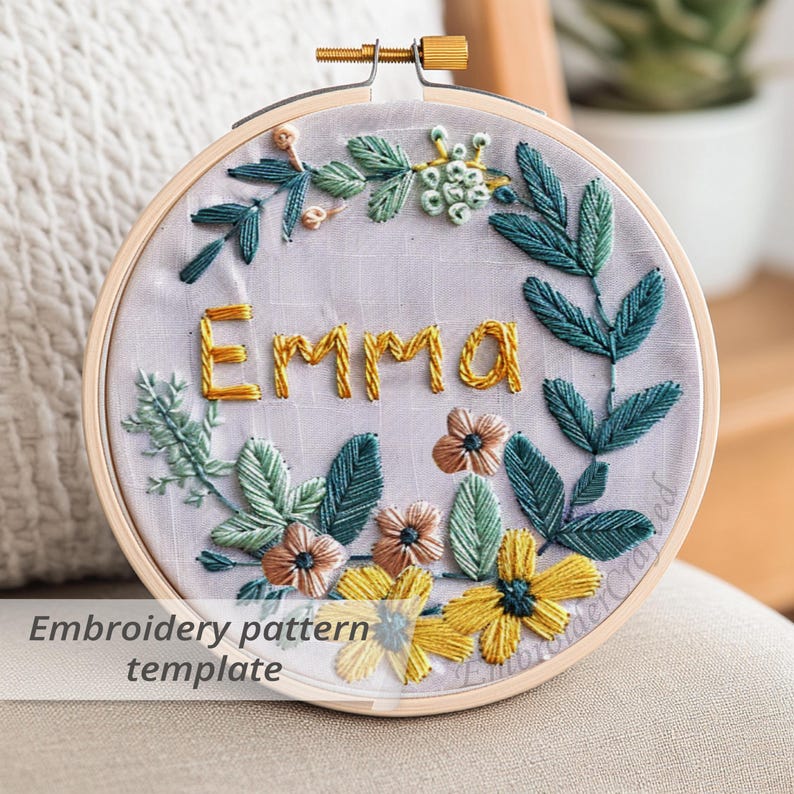 Floral Name Embroidery Pattern: Wildflower Wreath, Personalized Hoop ...