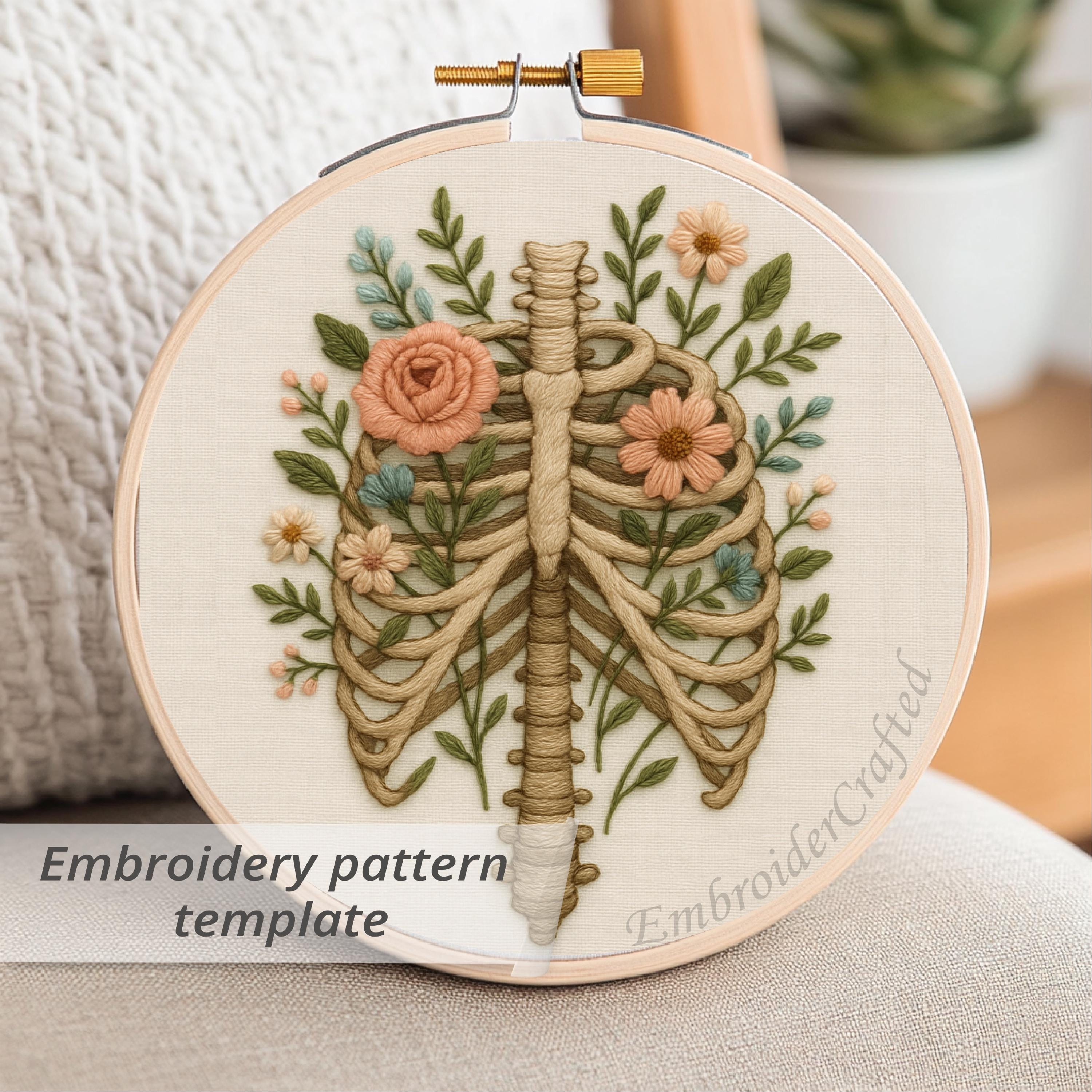 Floral Skeleton Rib Cage Template Designs, Botanical Anatomy Embroidery ...