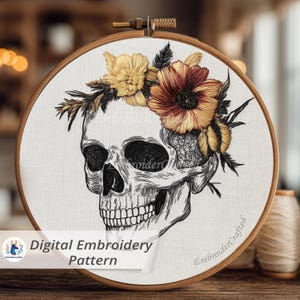 Skull floral embroidery pattern design PDF for hoop art, Halloween gothic hand embroidery pattern for dark botanical decor, Gothic skull pdf