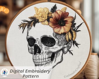 Patrón de bordado digital gótico con calavera floral para bordar a mano: Decoración gótica (descarga de archivo PDF)