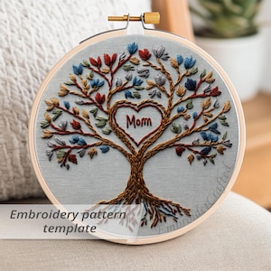 Op de afbeelding: Borduurpatroon sjabloon met een boom met een hartvormig midden dat "Mom" zegt in bruin garen. De boom heeft een bruine stam en wortels en is versierd met kleurrijke bladeren en bloemen.