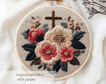 Christian cross and flowers hoop art embroidery design pattern EMBROIDERY FILE