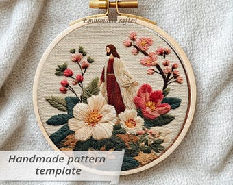 Jesus with Blossoms Embroidery Pattern: Hand Stitched Christian Decor (PDF Pattern)