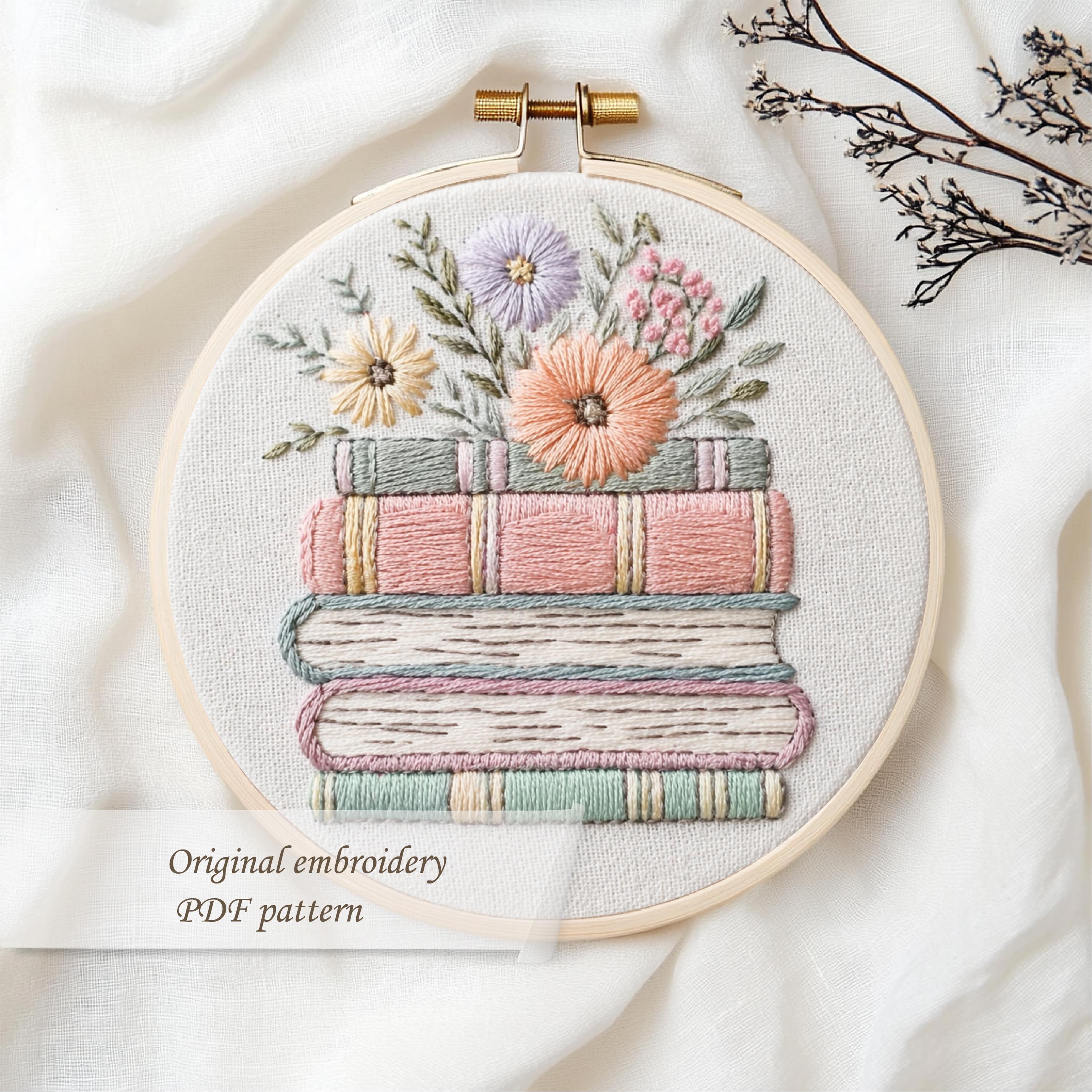 Floral Embroidered Book Stack Wall Art | Hand Stitched Hoop for Book ...