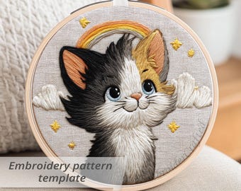 Kitten Hand Embroidery Pattern – Rainbow and Stars Hoop Art (PDF Pattern)