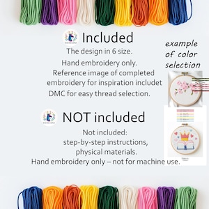 May include: An image showcasing colorful embroidery floss skeins in various hues, with text indicating the design is available in 6 sizes and for hand embroidery only. Includes examples of color selection and what is not included.