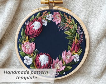 Protea Floral Stickrahmen Kunst: Botanischer Kranz Floristen-Vorlage (PDF-Muster)