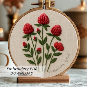 Red Clover Embroidery Design Pattern – Floral Hand Stitch PDF for Hoop Wall Art, Botanical Handmade Gift Idea