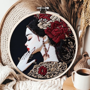 Floral Lady Embroidery Pattern: Elegant Woman Portrait. PDF Download, 6 Sizes