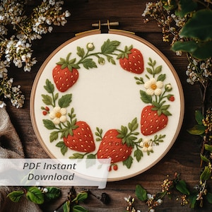 Strawberry Wreath Embroidery Pattern Design. Cute Fruit And Floral PDF For Summer Stitching Hoop Art. Summer Strawberry Embroidery design