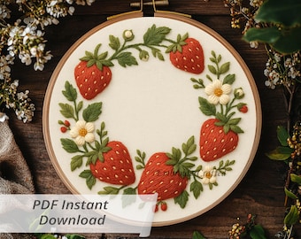 Strawberry Embroidery Pattern: Fruit & Floral Design (PDF Download, 6 Sizes)