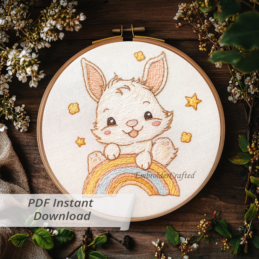 Bunny Rainbow Embroidery Pattern: Nursery Hoop Art PDF Download Design ...