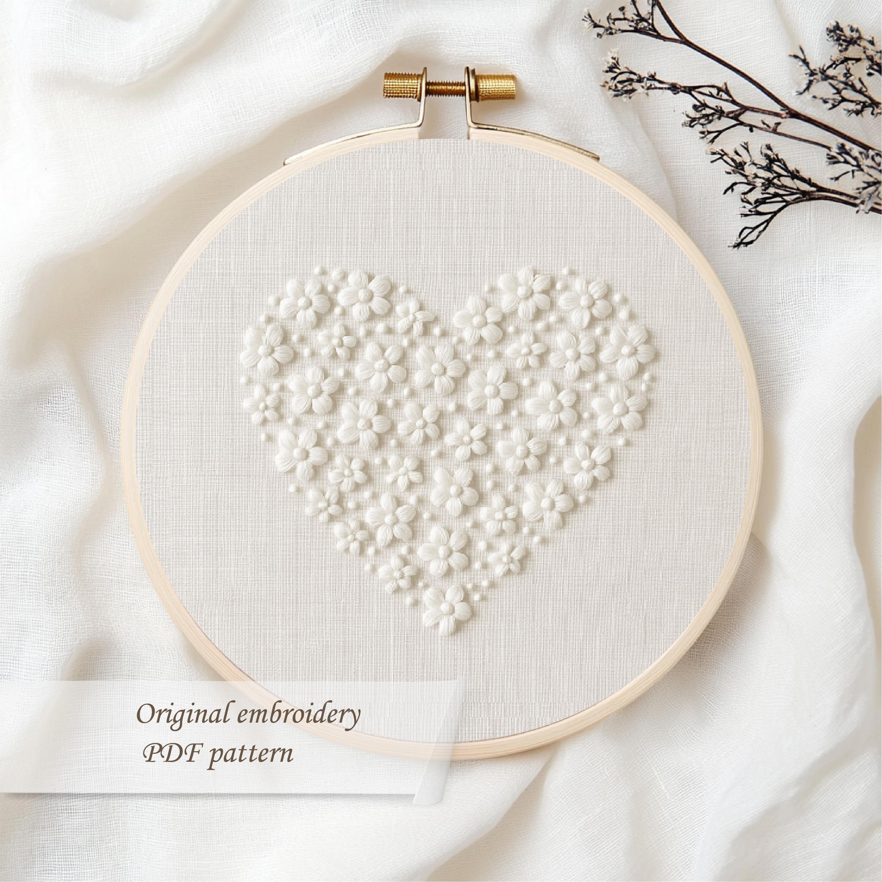 Floral Heart Embroidery Pattern – White Flower Design Hoop for Wedding ...