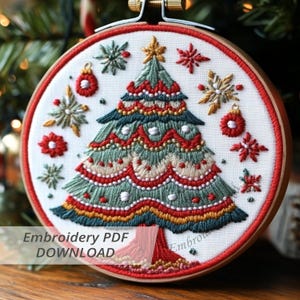 May include: Embroidered Christmas tree design in a wooden hoop. The tree is green, red, and gold, with snowflake and ornament accents. The text "Embroidery PDF DOWNLOAD" is visible at the bottom of the image.
