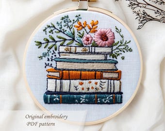 Floral Book Stack Embroidery Pattern: Hand Stitched Wall Art (PDF Pattern)