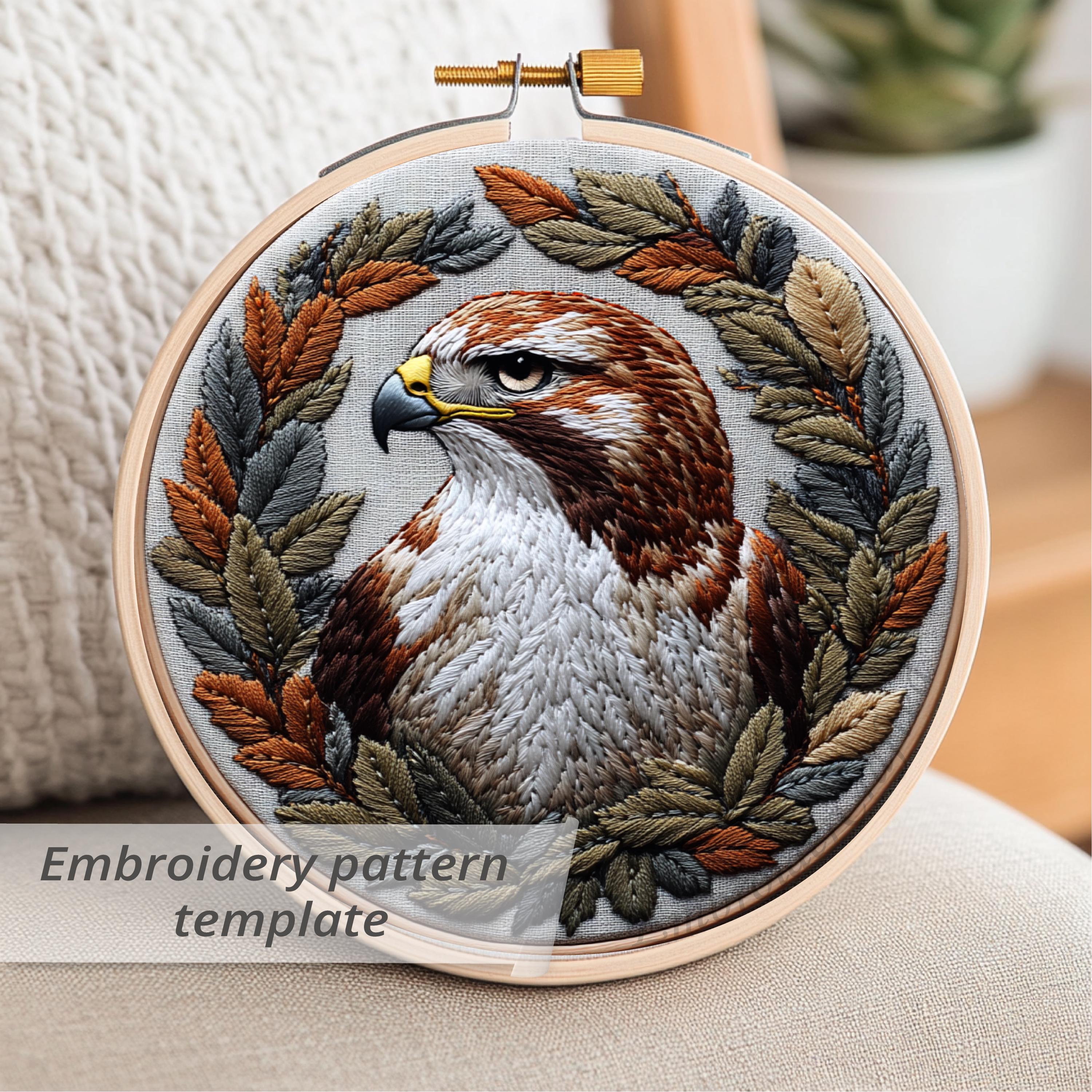鷹の刺繍パターン：手縫いの鳥と鷲の肖像、秋の葉（PDFパターン