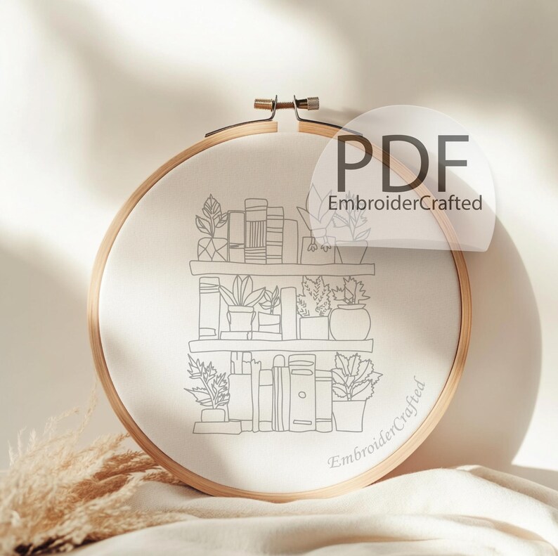 Embroidered Bookshelf Hoop Art: Cozy Literary Plant Decor (PDF Pattern ...
