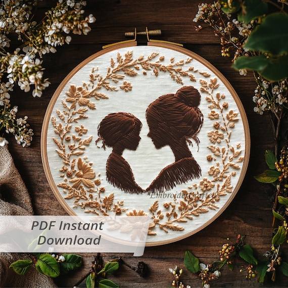 Mother & Child Hand Embroidery Art Designs: Floral Wreath Gold