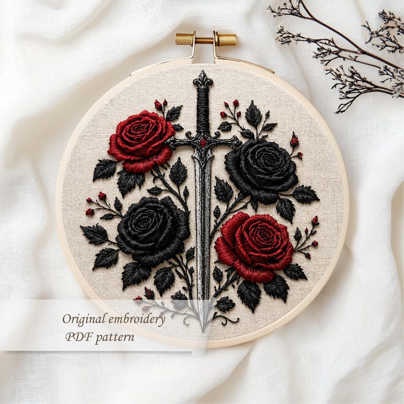 May include: Embroidered artwork in a wooden hoop features a sword design with red and black roses. The text "Original embroidery PDF pattern" is visible. The embroidery is set against a neutral fabric background.