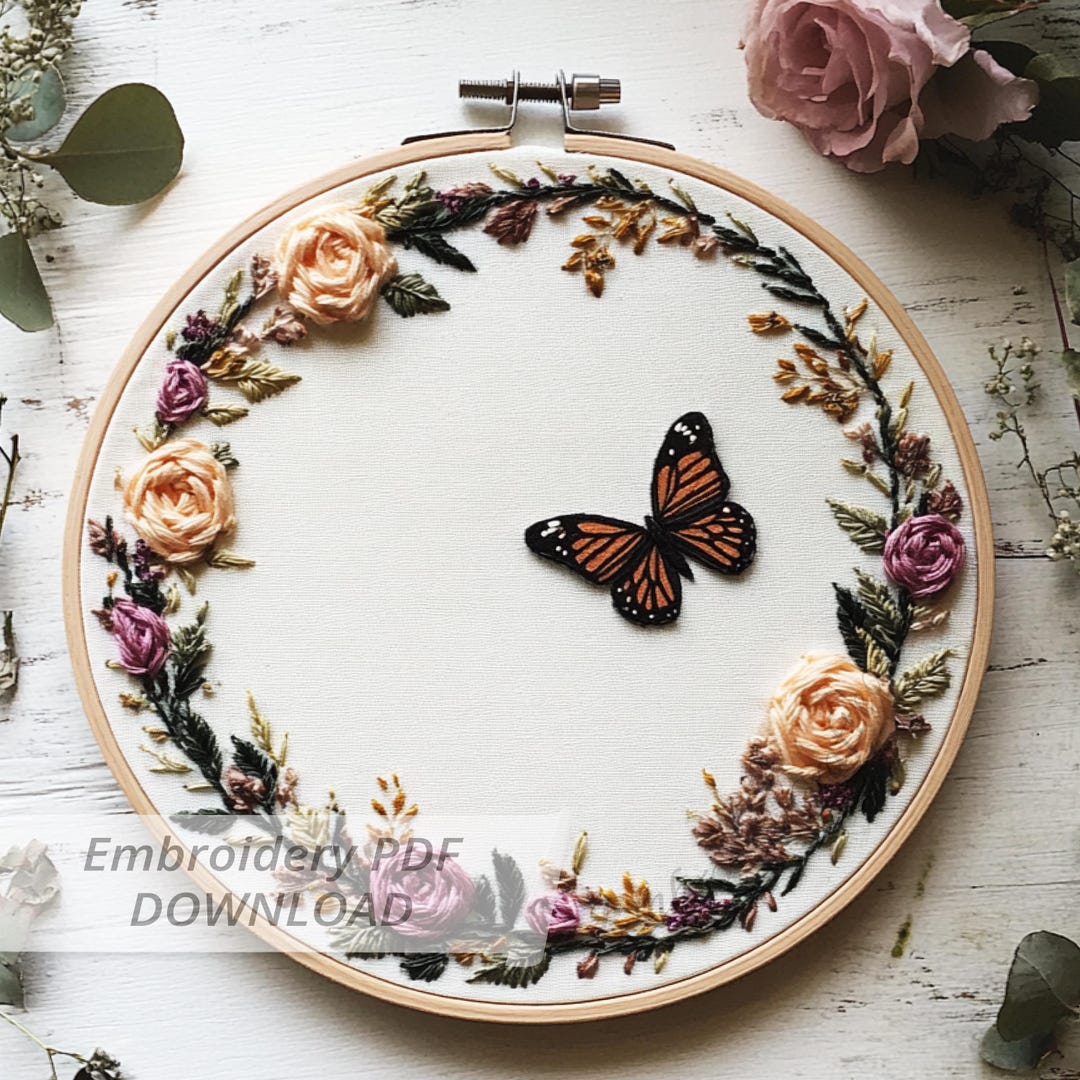Butterfly & Floral Wreath Embroidery Pattern: Romantic DIY Hoop Art ...