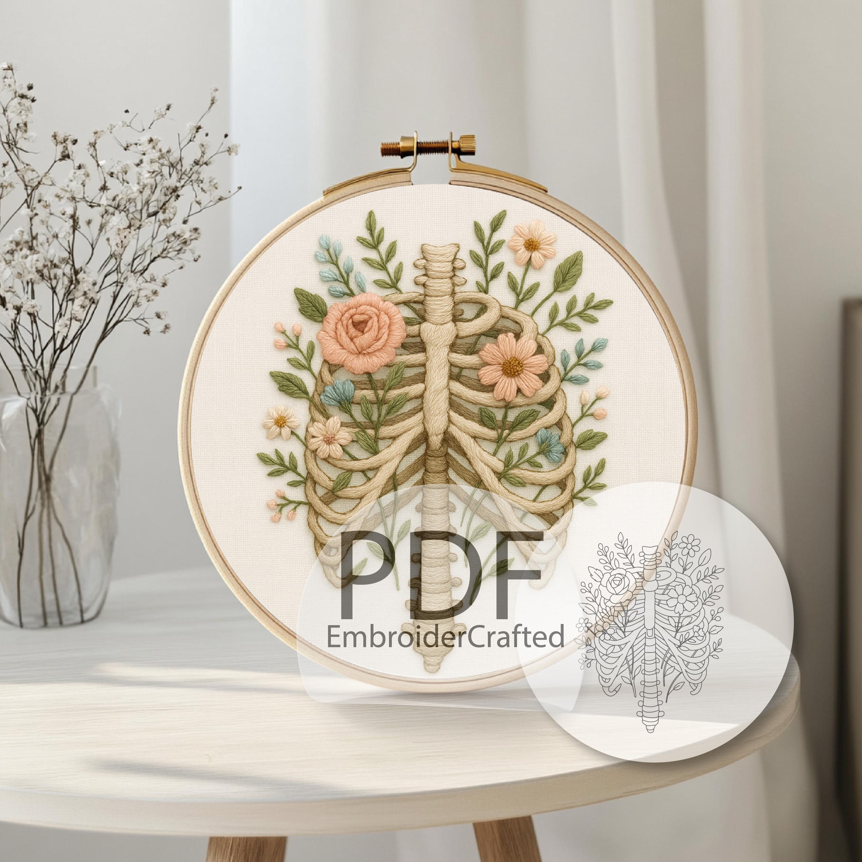 Floral Skeleton Rib Cage Template Designs, Botanical Anatomy Embroidery ...
