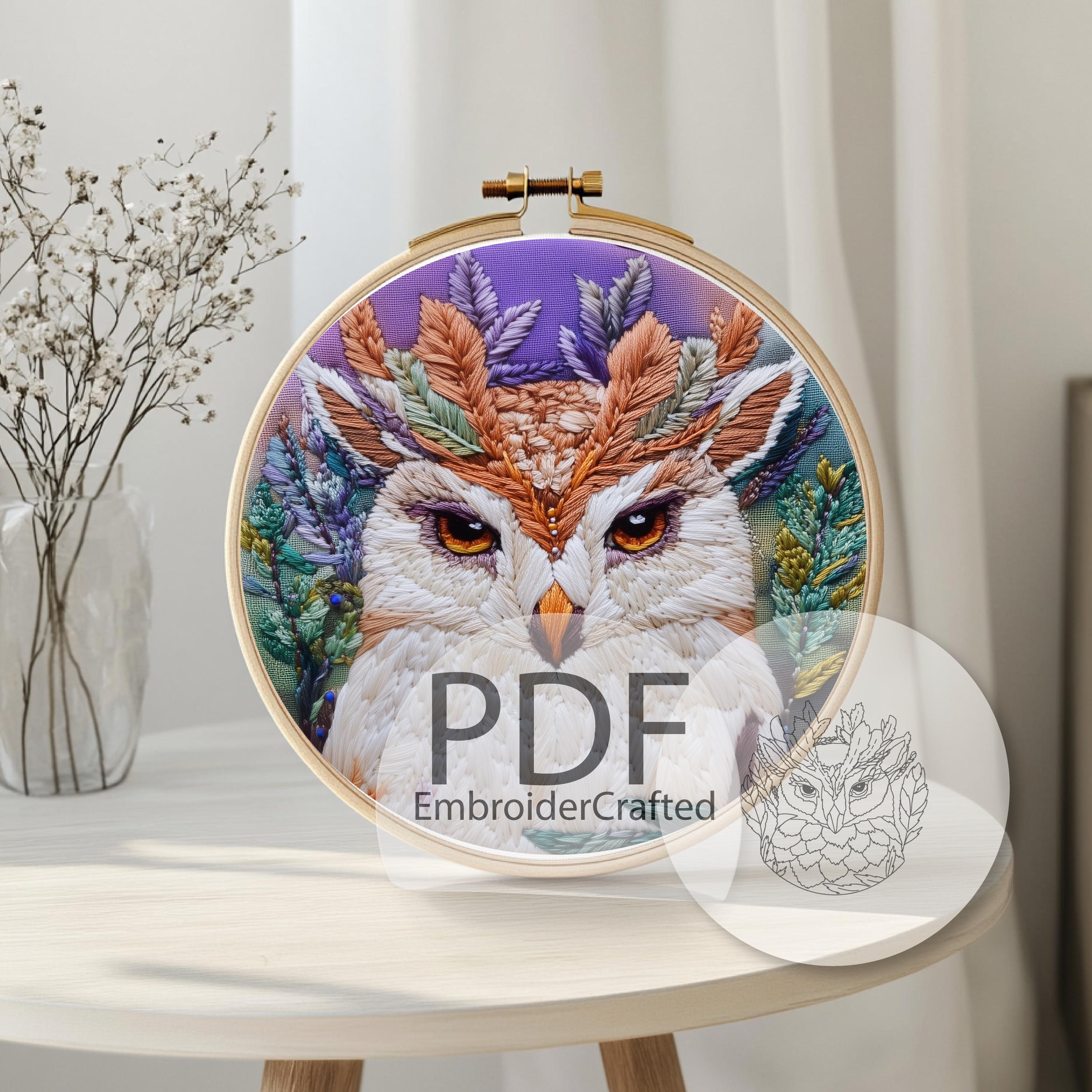 Colorful owl face embroidery PATTERN design with rainbow feathers, handmade hoop art diy wall decor 
