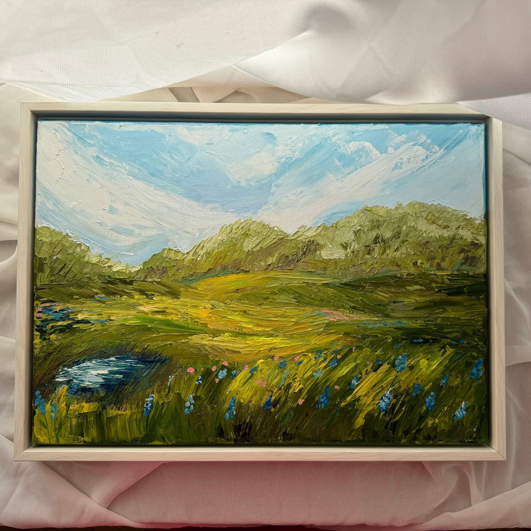 Original Impasto Landscape Painting. Green Fields and Small Lake ... - Impasto Coat Texture For Landscape Painting