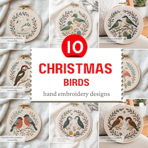 クリスマスの鳥の手刺繍デザイン - ホリデーフープアート（PDFファイルパターン）