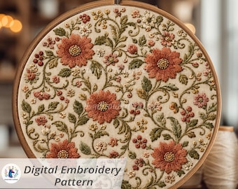 May include: A detailed embroidery pattern in a wooden hoop. The design features large, rust-colored flowers, smaller pink and yellow blossoms, and green leaves on a cream-colored background. The text "Digital Embroidery Pattern" is visible.