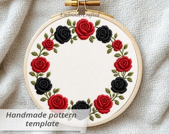 May include: An embroidery hoop featuring a floral design of red and black roses with green leaves. The text "Handmade pattern template" and "The design in 6 size" are visible on the image. The hoop is made of wood.