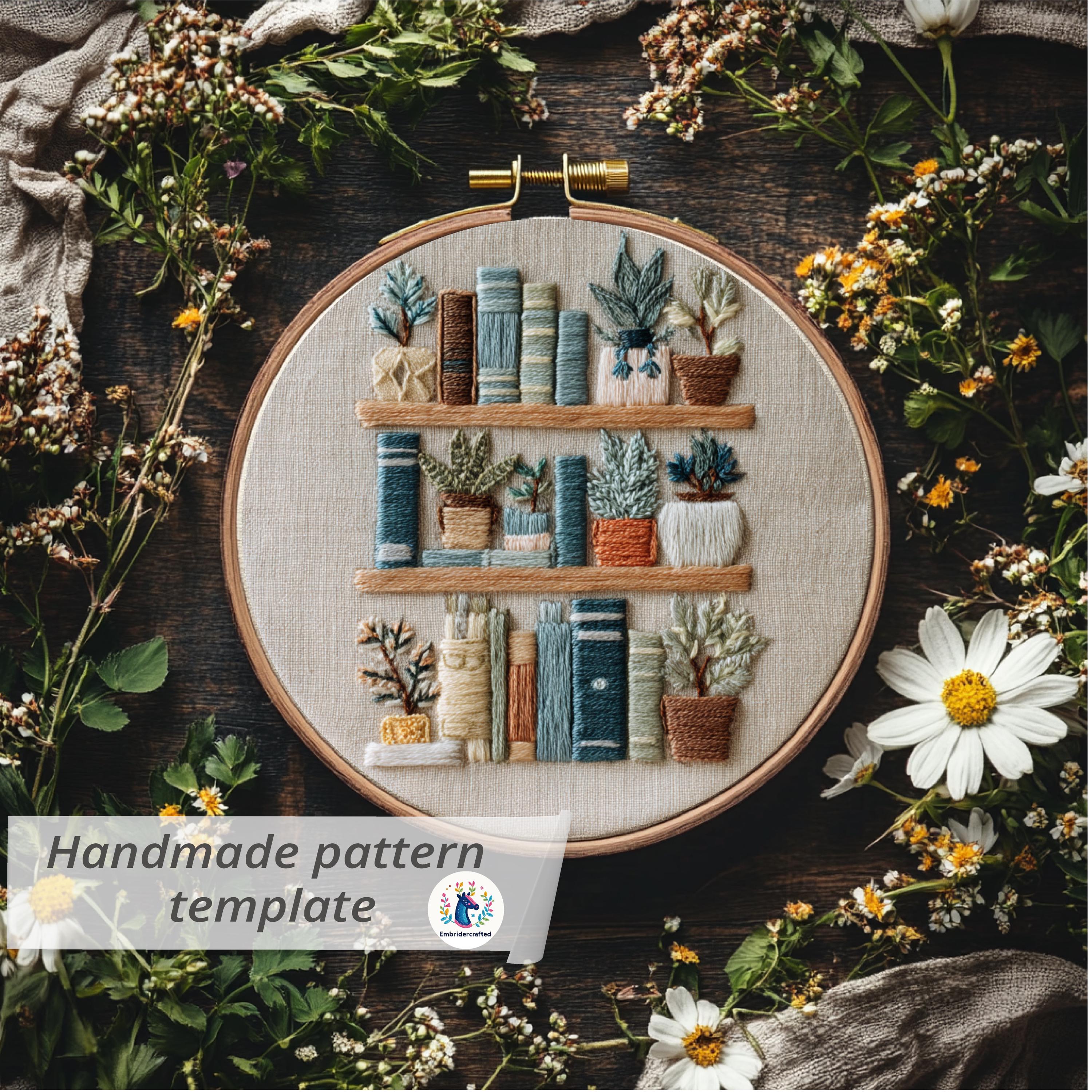 Embroidered Bookshelf Hoop Art: Cozy Literary Plant Decor (PDF Pattern ...