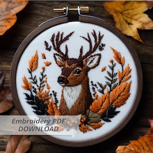 Deer Embroidery Pattern: Autumn Woodland Buck Hoop Art (PDF Download, 6 Sizes)