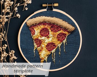 May include: Embroidered pizza slice in a wooden hoop. The pizza features a crust, cheese, and pepperoni. The text "Handmade pattern template" is displayed on a white banner. The background is a dark blue surface.