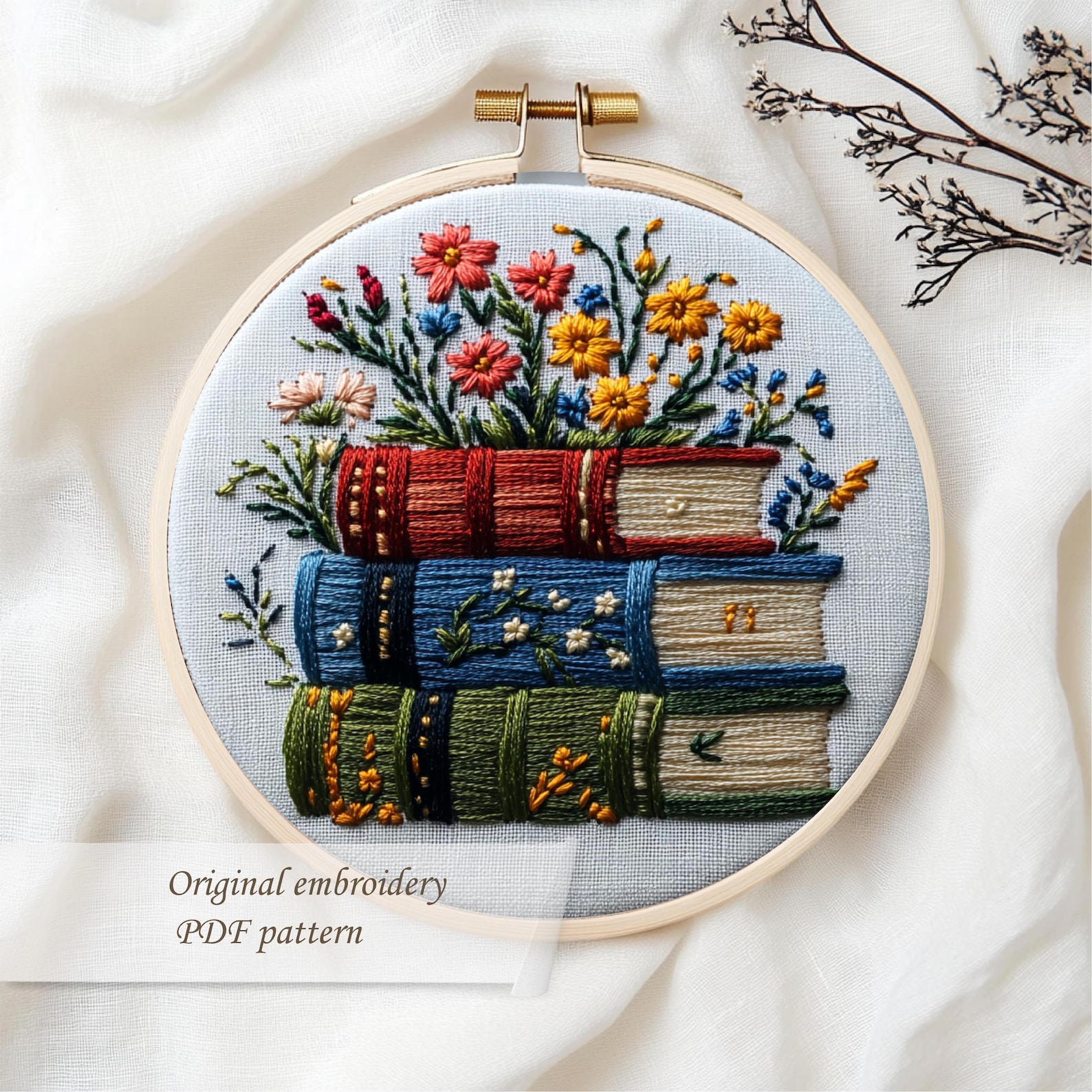 Floral Books Stack Hand Embroidery Hoop Pattern. Botanical Book Lover ...