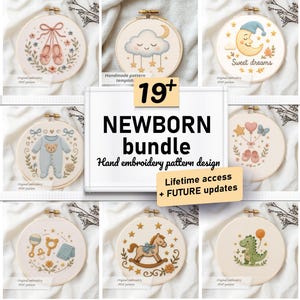 May include: Nine embroidery hoops featuring baby-themed designs. Designs include ballet slippers, a cloud with stars, a moon with a sleeping cap, a baby onesie, balloons, baby shoes, a rattle, a rocking horse, and a dinosaur. The text reads "NEWBORN bundle".