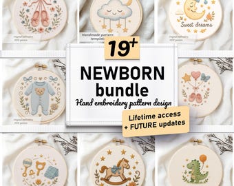 May include: A collection of nine embroidery hoops with baby-themed designs. The designs include a pair of ballet slippers, a cloud with stars, a moon with a sleeping cap, a baby onesie, balloons, baby shoes, a rattle, a rocking horse, and a dinosaur.