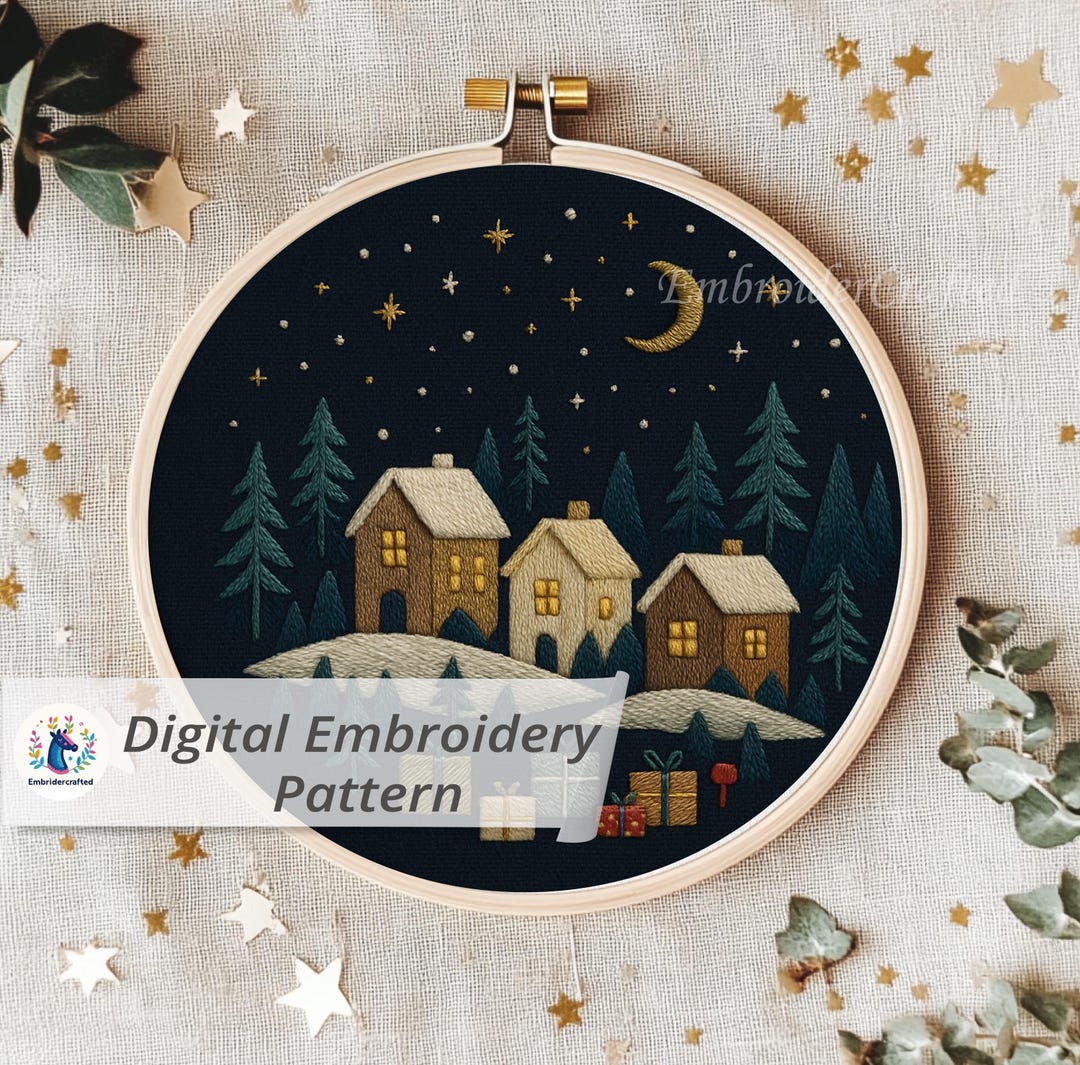 Christmas Village Embroidery Designs – Winter Night With Moon, Stars ...