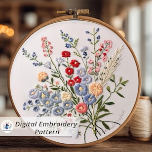 May include: A digital embroidery pattern of a floral design in a wooden hoop. The embroidery features a bouquet of blue, red, pink, and peach flowers with green leaves. The text "Digital Embroidery Pattern" is displayed on the image.