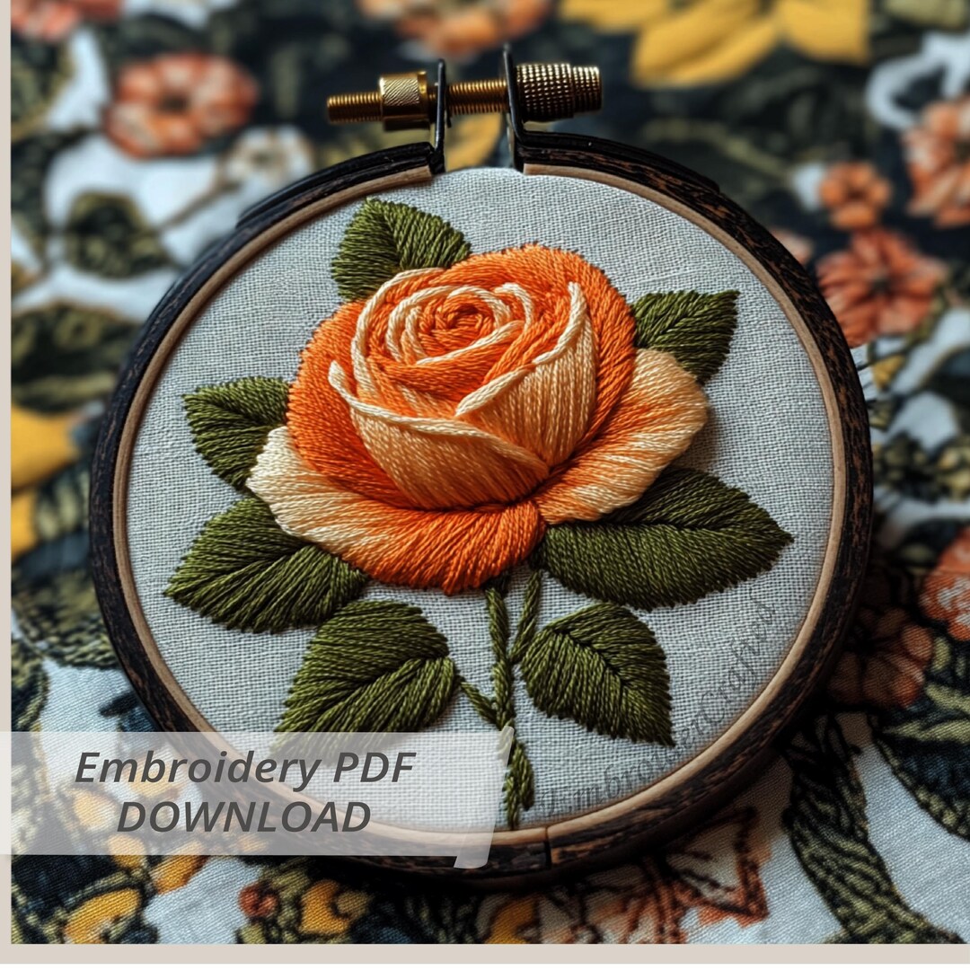 Orange Rose Embroidery Pattern – Hand Embroidery Hoop Art PDF