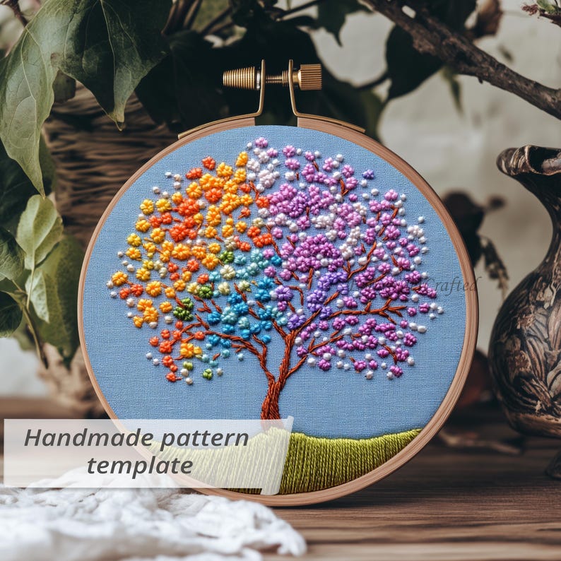 Rainbow Tree Hand Embroidery Pattern: Colorful French Knot Design ...