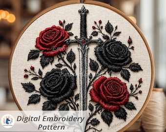 May include: A digital embroidery pattern featuring a sword and roses. The design includes two red and two black roses, with a detailed sword in the center. The text "Digital Embroidery Pattern" is at the bottom.
