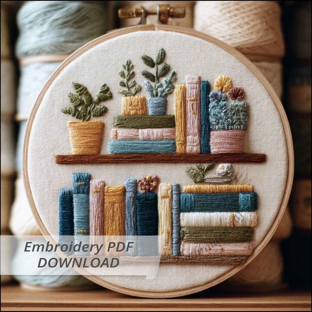 Hand Embroidery Bookshelf Hoop Art: Cottagecore Plant Decor (PDF ...