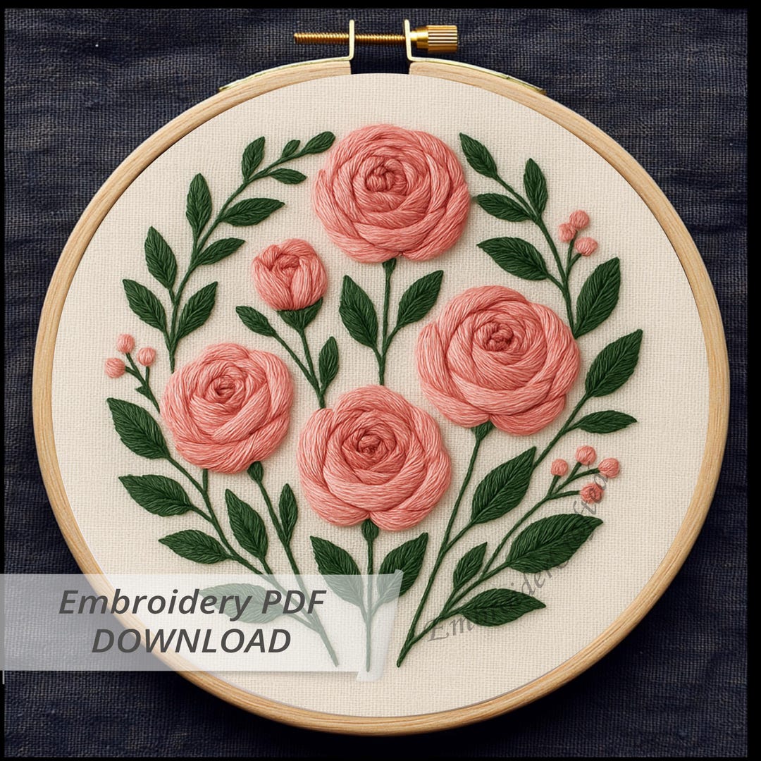 Pink Roses Hand Embroidery Pattern: Floral Hoop Art Design (PDF ...