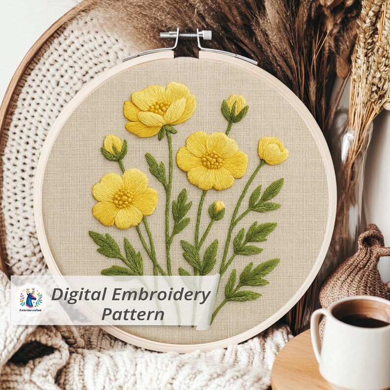 Yellow Buttercup Hand Embroidery Pattern Designs, Wildflower Botanical ...