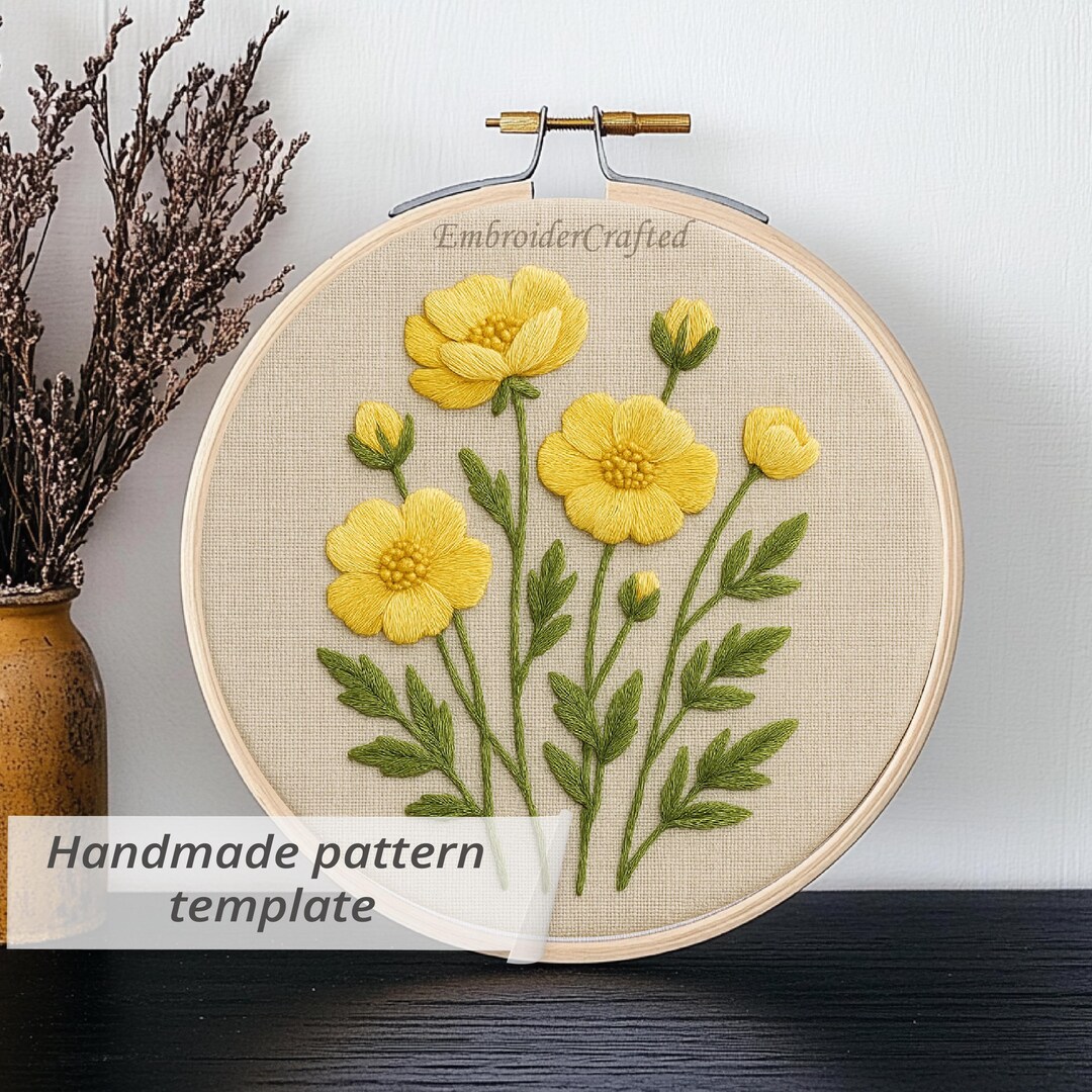 Yellow Buttercup Hand Embroidery Pattern Designs, Wildflower Botanical ...